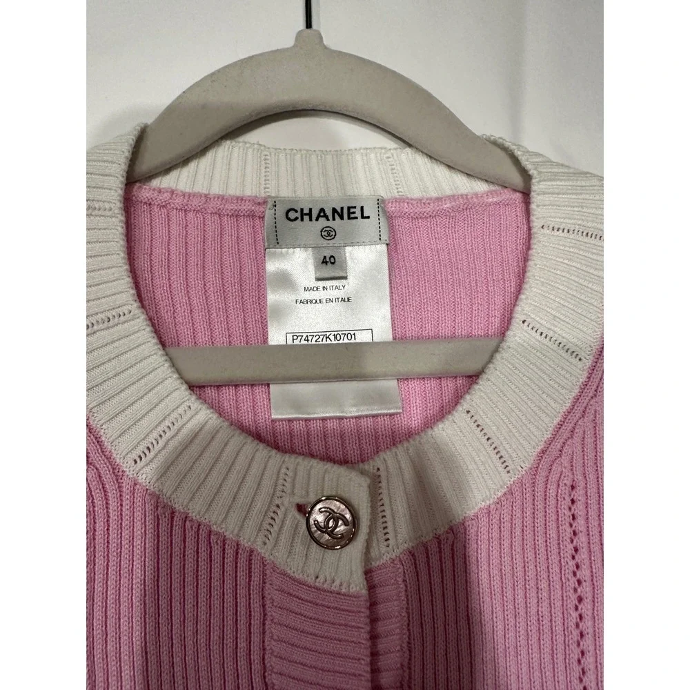 23P Chanel Pink Ribbed Knit CC Logo Button Cardigan Size 40